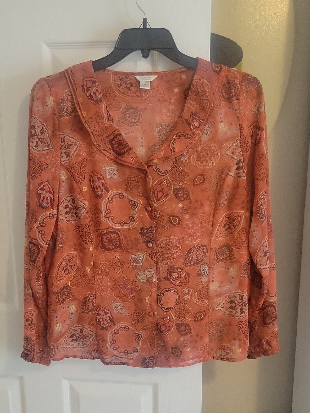 Christopher & Banks SzXL pleated Rust Paisley Button-Front Blouse ruffle collar